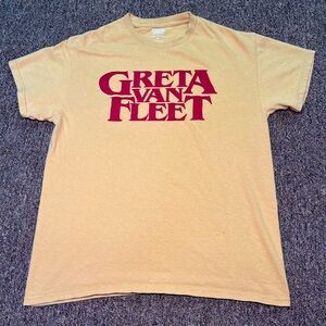 Greta Van Fleet Band Shirt Adult size M Tan  Red Graphics Short Sleeve Cotton